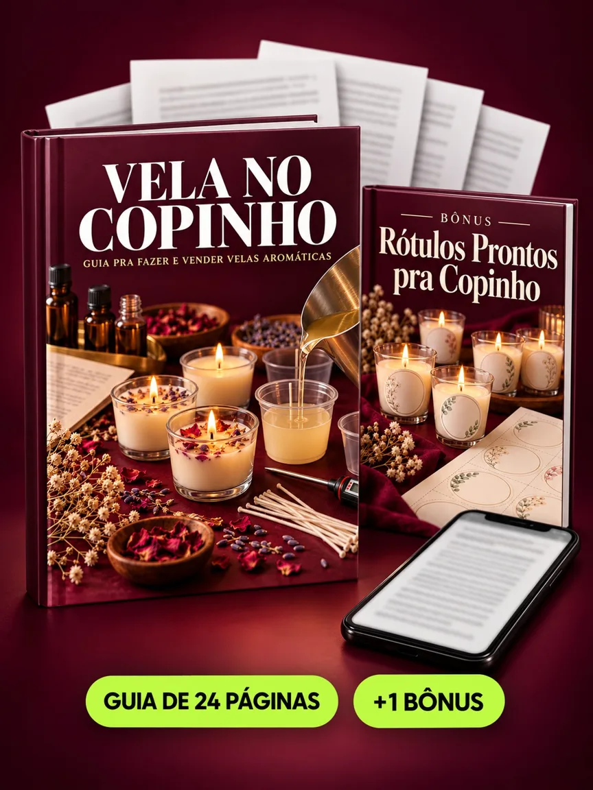 Montagem ilustrativa do Vela no Copinho: livro com a capa, páginas do material e celular e capas dos bônus