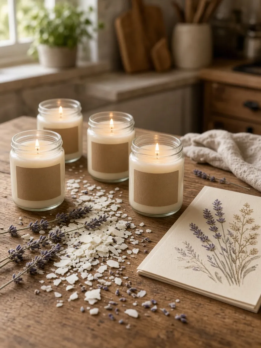 Copinhos de vidro com velas aromáticas acesas e rótulos kraft, lascas de cera, lavanda e um guia impresso sobre a mesa. Imagem ilustrativa