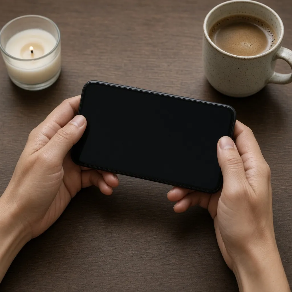 Mãos segurando um celular, com uma vela em copinho e um café sobre a mesa. Imagem ilustrativa